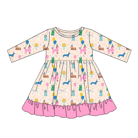 Custom moq 3 eta 6-8weeks Zebra-Balloon Puppy Lotus Pink Long Sleeve Dress