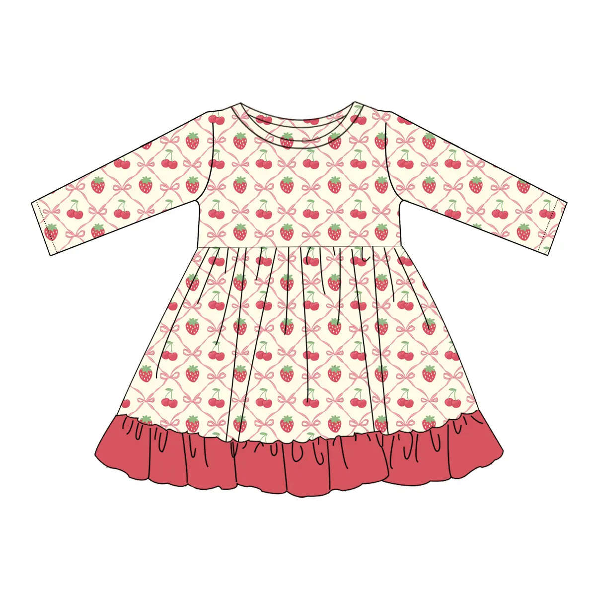 Custom moq 3 eta 7/8week moq 5 eta /4/5week Beige long-sleeved dress with bowknot diamond plaid, cherry and strawberry pattern