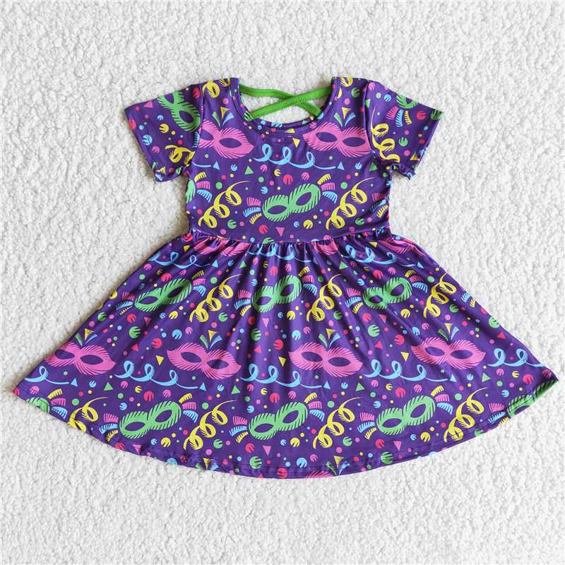 RTS NO MOQ Sibling baby girl clothes carnival mask purple and white plaid short-sleeved dresses
