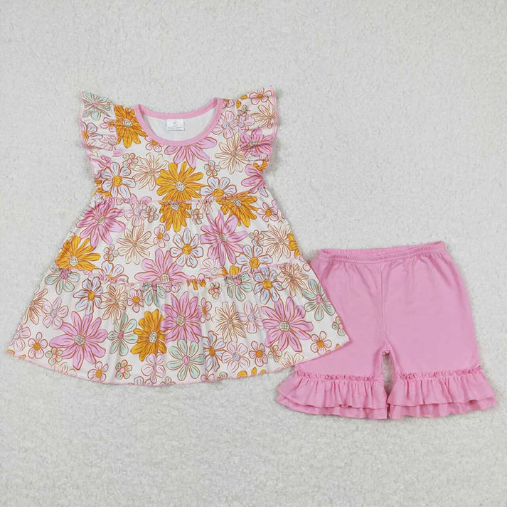 RTS Baby Girls Flowers Tunic Dark Pink Shorts Summer Clothes Sets