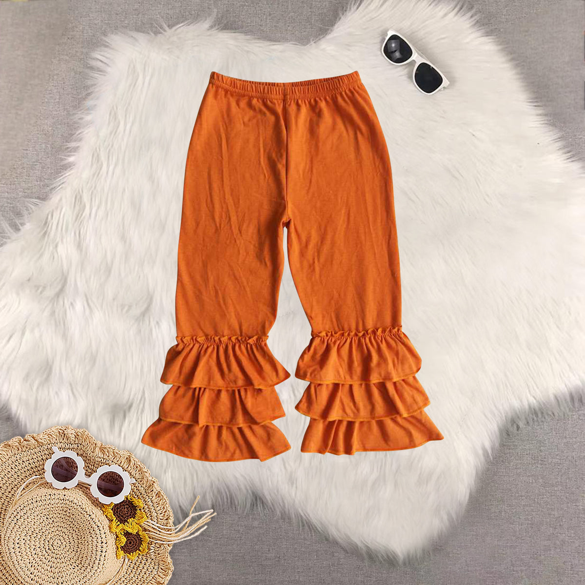 RTS NO MOQ Sibling baby girl clothes Double ruffled hem straight-leg trousers