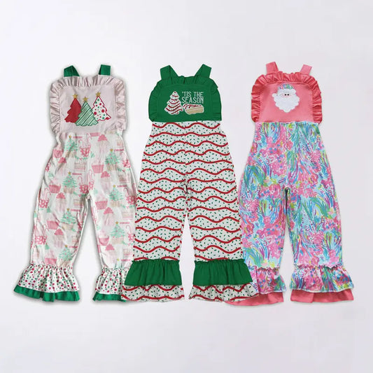 RTS NO MOQ Sibling Baby girls clothes embroidery Christmas suspender jumpsuits