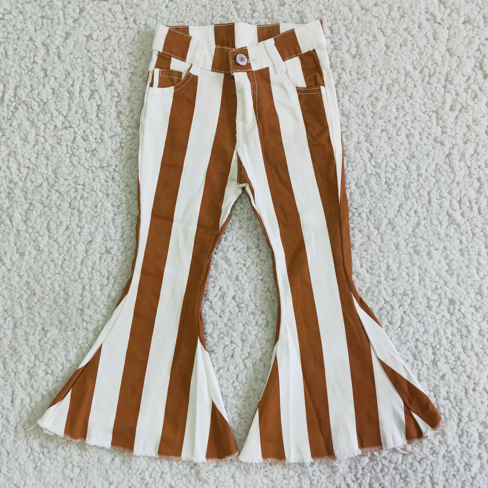 RTS NO MOQ Sibling Denim Baby Girls Stripe Casual Bell Bottom Denim Pocket Pants