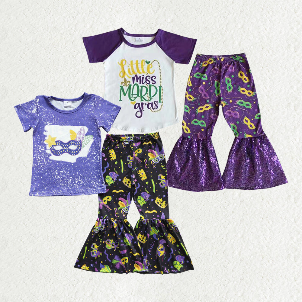 RTS NO MOQ Sibling baby girl clothes Mask Letter Short Sleeve Top & Sequin Flared Pants Sets