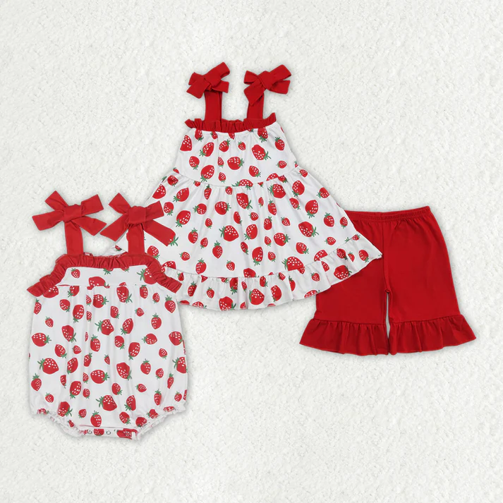 RTS NO MOQ baby Girls Clothes strawberry short sleeve shorts Sets and romper