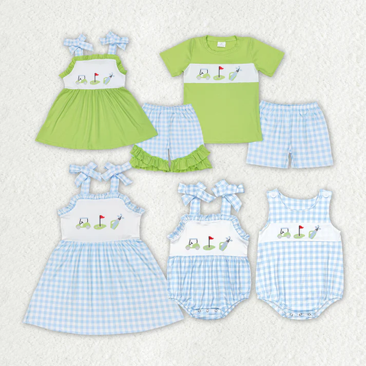 RTS NO MOQ Baby Girls Golf Summer Sibling Rompers Dresses Outfits Clothes Sets