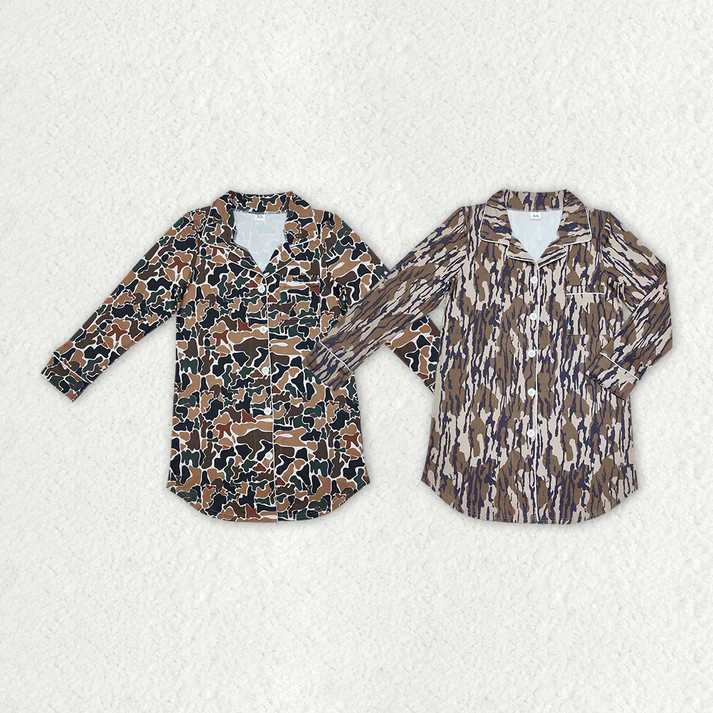 RTS NO MOQ Adult Women Camo Fall Buttons Tops Pajamas Lounge Wear