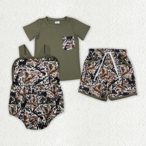 RTS NO MOQ Sibling Baby Boys Camouflage Shirt with Pockets And Strap Rompers Short Hunting Theme Top And Bottom Set