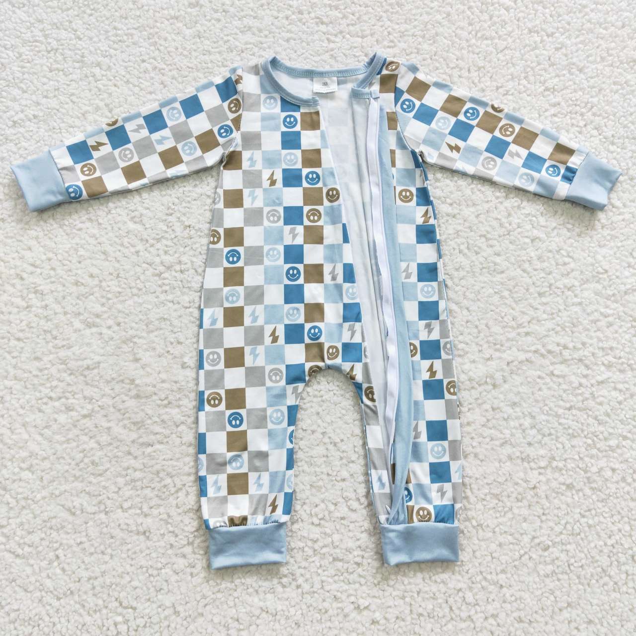 RTS NO MOQ（In Stock) Smiley Lightning Plaid Blue Zipper Long Sleeve Bodysuit