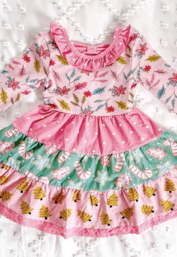 GLD0434 Christmas tree leaves, snowflakes and cane three-layer lace pink long-sleeved dress