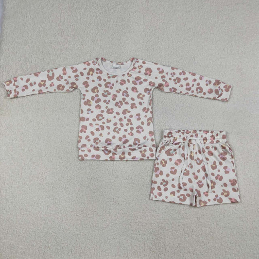RTS NO MOQ GLS0093 Baby Girls Pink Leopard Print Long Sleeve Top with Pockets And Shorts Outfit Set