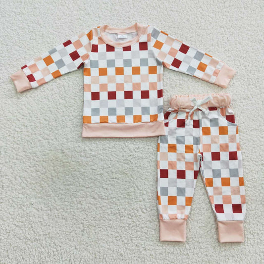 RTS NO MOQ（In Stock) Colorful plaid white long sleeve trousers suit
