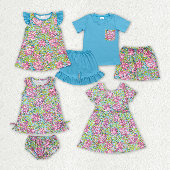 RTS Baby Girls Blue Turtle Summer Sibling Dresses Shorts Clothes Sets Flowers colorful match