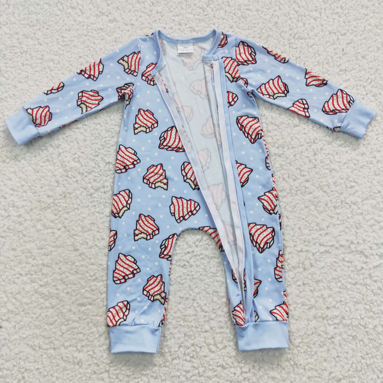 RTS NO MOQ（In Stock ) LR0345 Christmas Tree Cookie Polka Dot Light Blue Zipper Long Sleeve Bodysuit