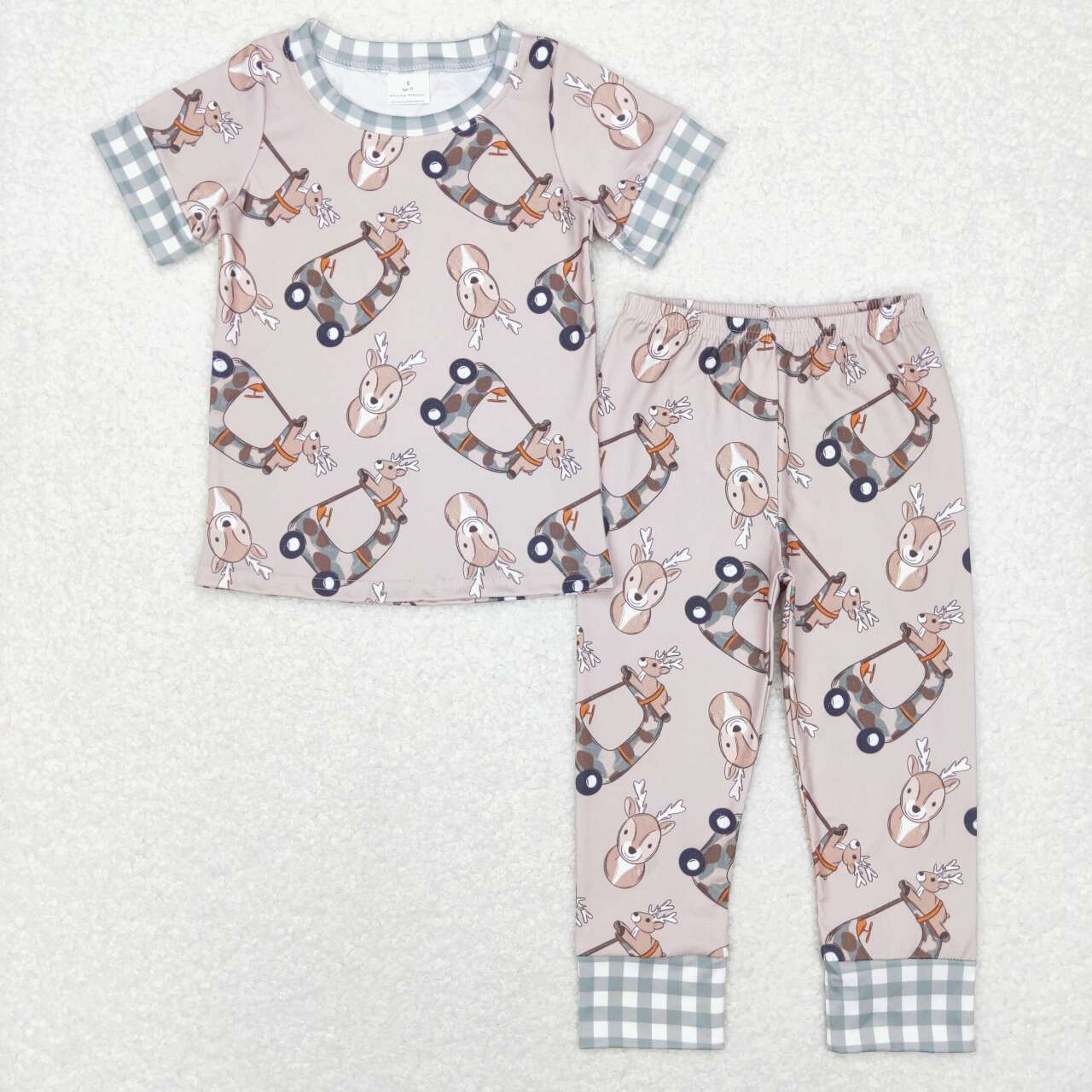 RTS NO MOQ（In Stock) BSPO0242 Fawn camouflage car green and white plaid edge brown short-sleeved trousers suit