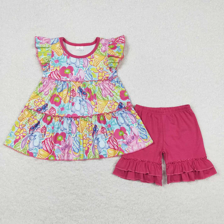 RTS Baby Girls Flowers Tunic Dark Pink Shorts Summer Clothes Sets