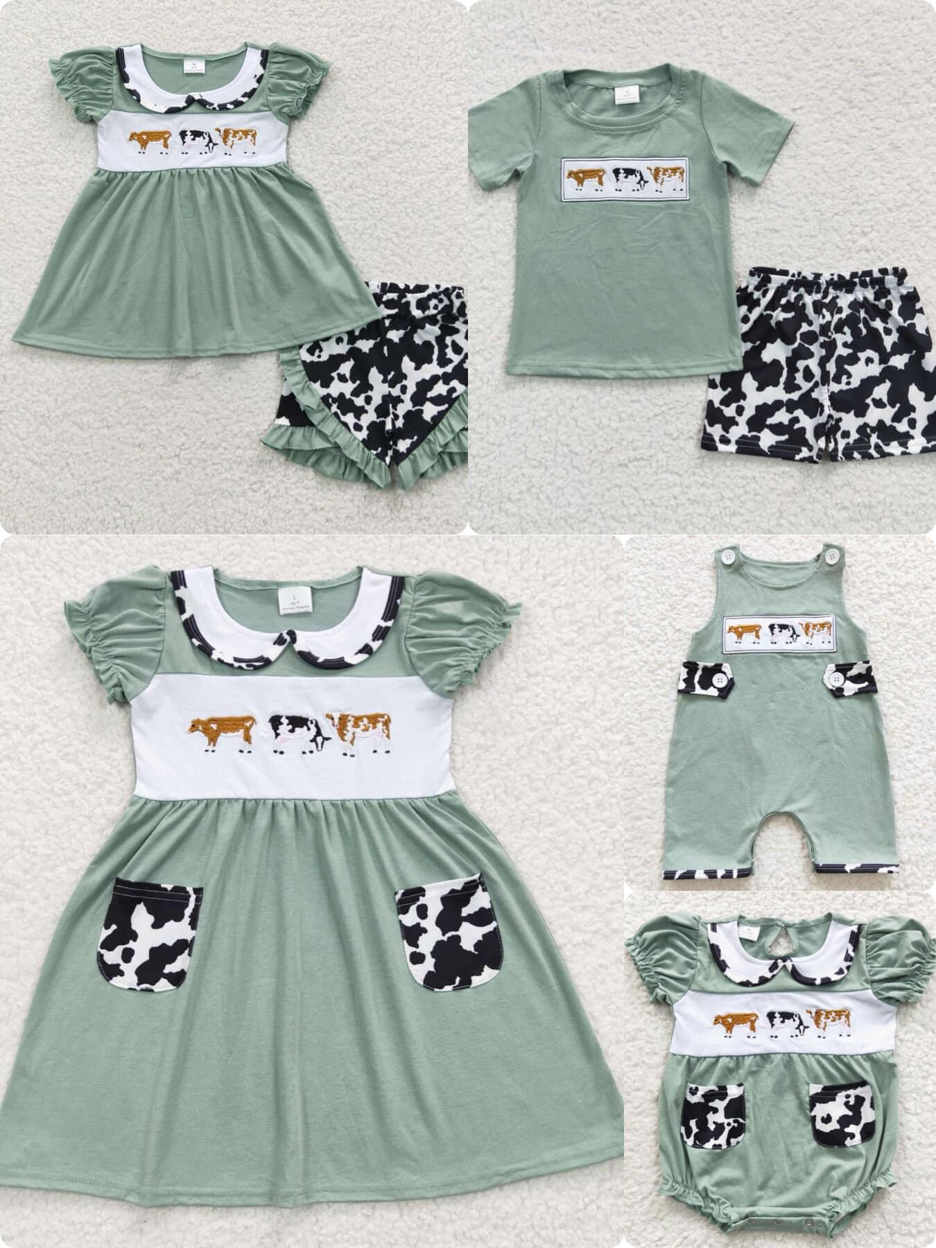 RTS	 Embroidered Cow Green Short Sleeve Cow Pattern Shorts