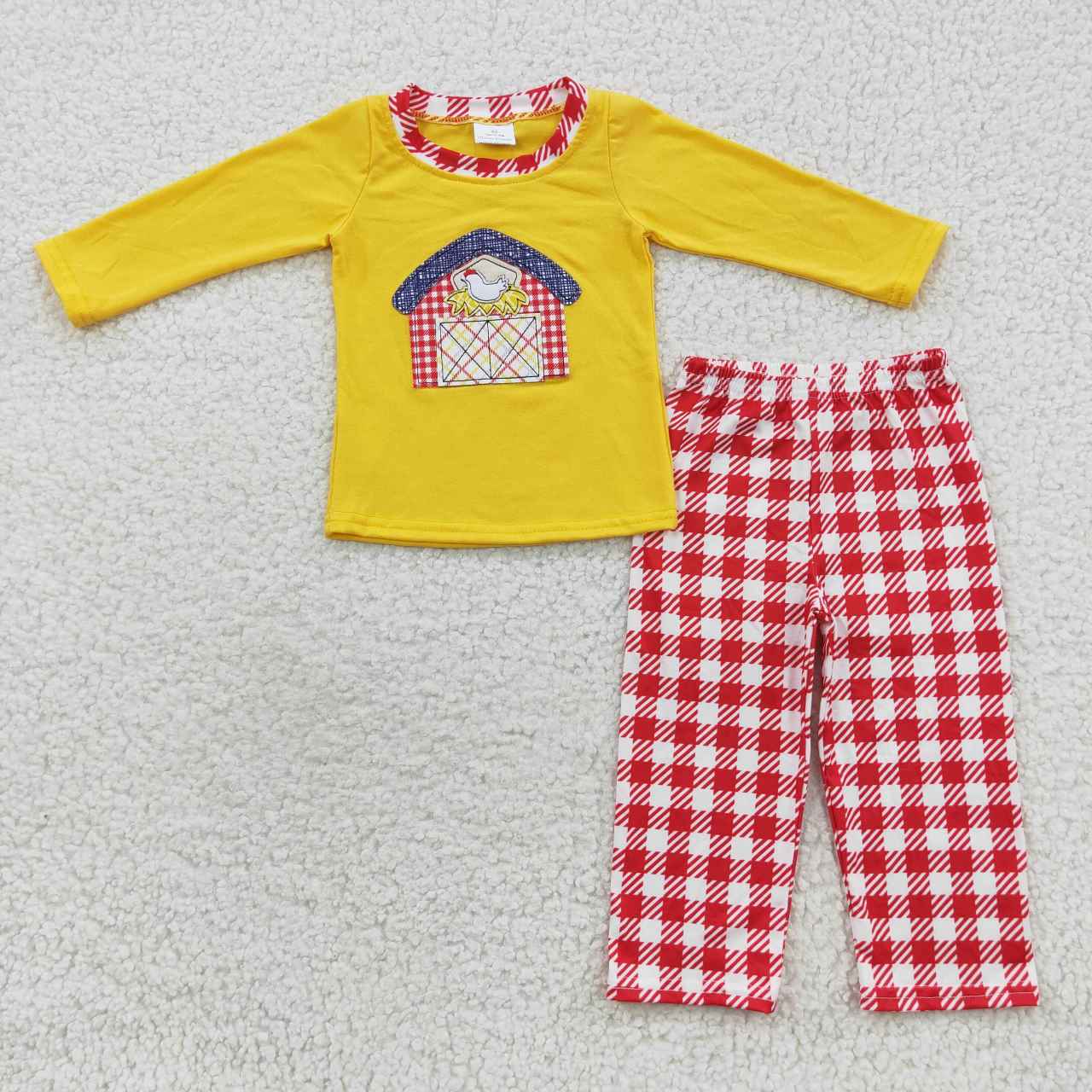 RTS NO MOQ ETA 5/7days Arrived BLP0198 Embroidery Farm Chicken Red House Red Plaid Yellow Long Sleeve Trouser Set