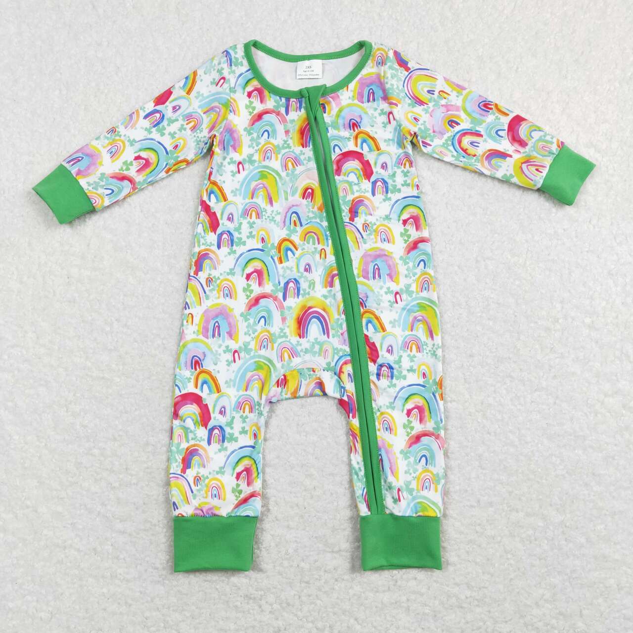 RTS NO MOQ（In Stock) LR0883 Rainbow Clover Green Zip Long Sleeve Jumpsuit