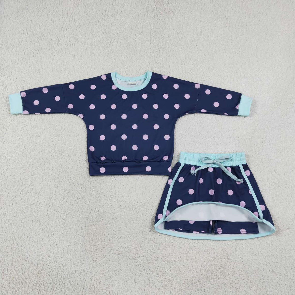 NEW RTS NO MOQ milk silk GLD1762 Baby Girls Navy Polka Dot Long Sleeve Top And Drawstring Skort Set