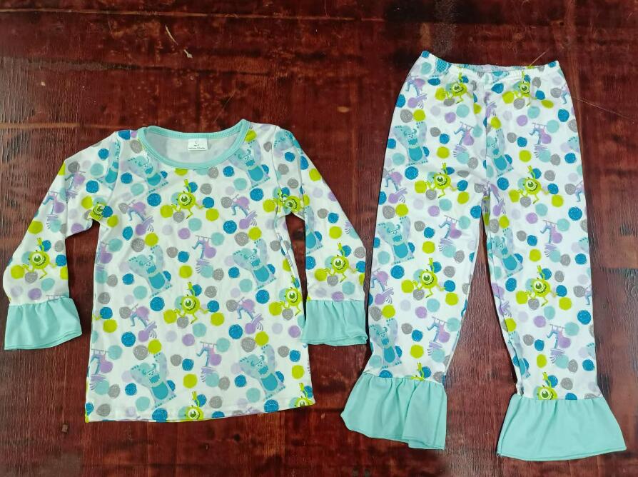 Custom moq 3 eta 6-7weeks Blue Green Furry-Big Eyed Monster Ruffle Cuff Long Sleeve Suit