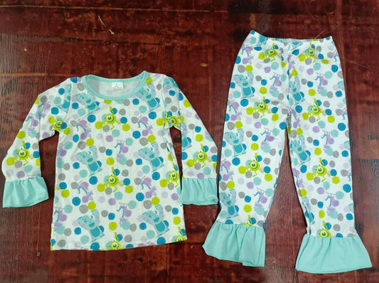 Custom moq 3 eta 6-7weeks Blue Green Furry-Big Eyed Monster Ruffle Cuff Long Sleeve Suit