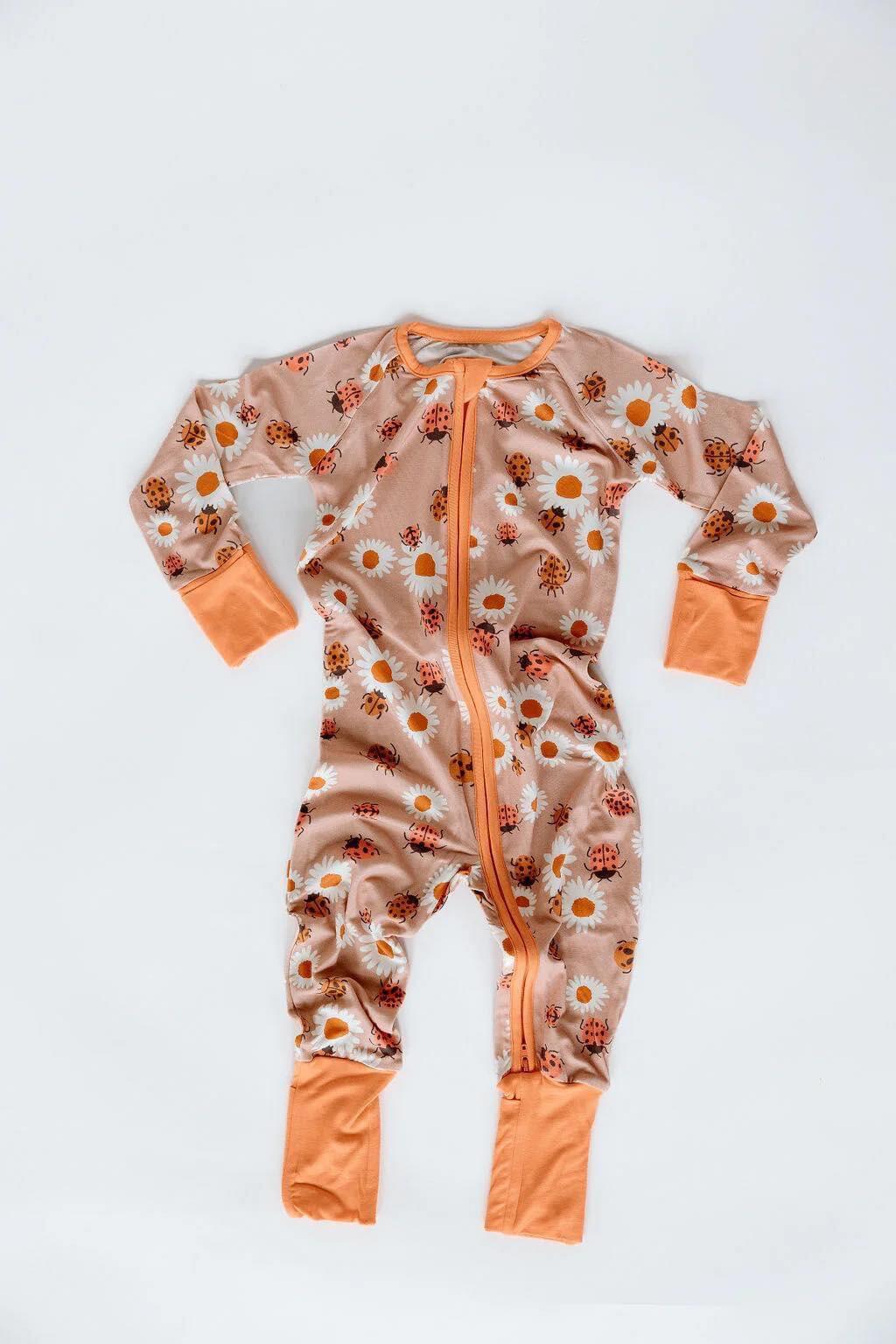 Daisy Blossom Ladybug Orange Zipper Long Sleeve Bodysuit