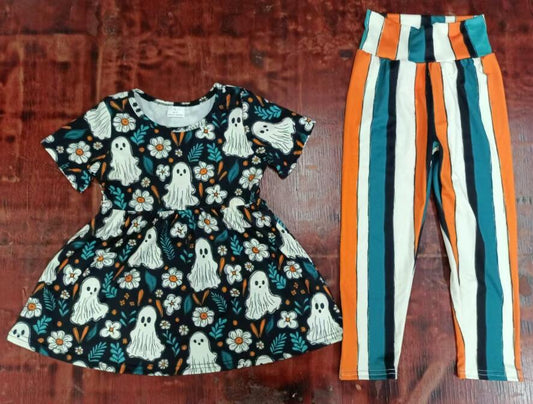 Custom moq 3 eta 6-7weeks Cute Little Ghost Short Sleeve Top-Vertical Striped High Waist Pants Set