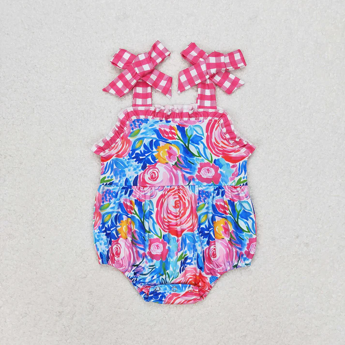 RTS NO MOQ Baby Girls Pink Flowers Straps Sibling Summer Dresses Rompers Clothes Sets