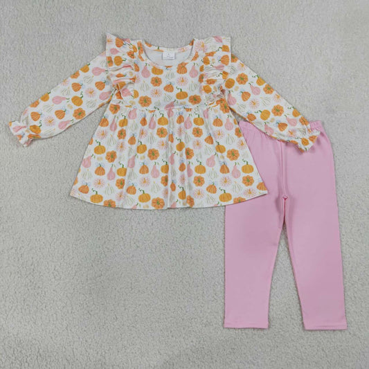 NEW RTS NO MOQ milk silk GLP3408 Baby Girls Pumpkin Plaid Print Long Sleeve Tunic Top Leggings Two Piece Outfit Sets