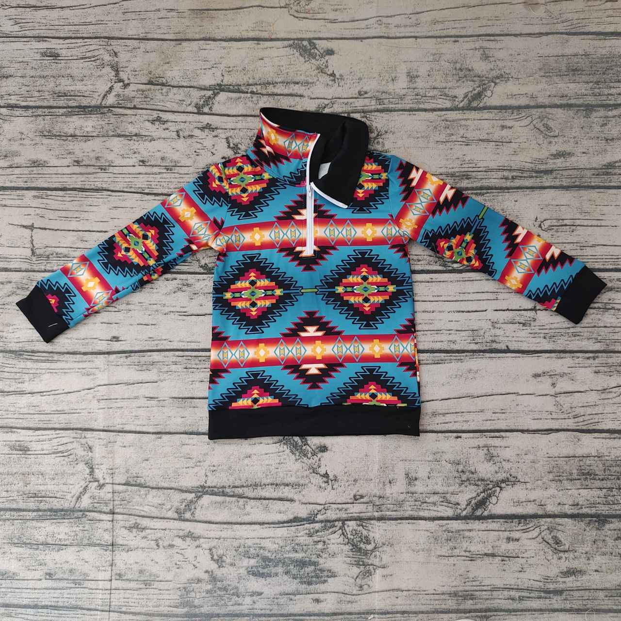 aztec Geometric Blue Zip Long Sleeve Top