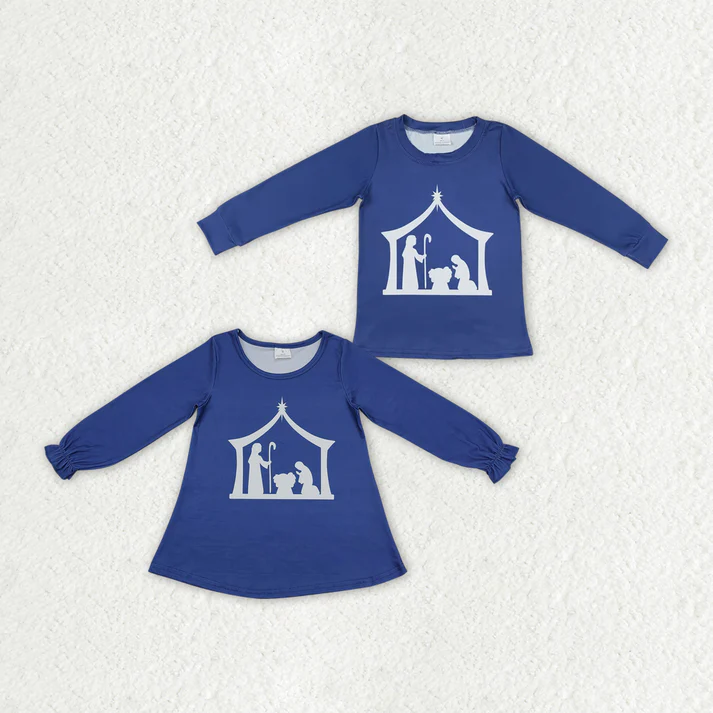 RTS NO MOQ Baby Girls Boys Sibling Nativity Long Sleeve Tee Shirts Tops milk  silk fabric top both