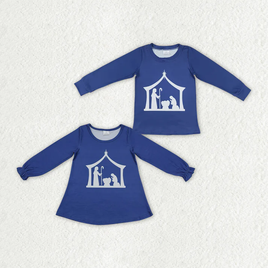 RTS NO MOQ Baby Girls Boys Sibling Nativity Long Sleeve Tee Shirts Tops milk  silk fabric top both