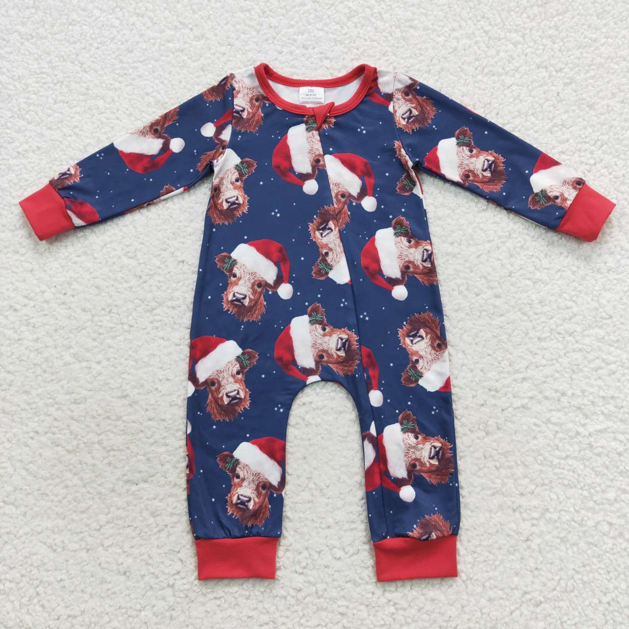 RTS NO MOQ（In Stock) LR0597 Christmas Hat Bull Head Navy Blue Zipper Long Sleeve Jumpsuit