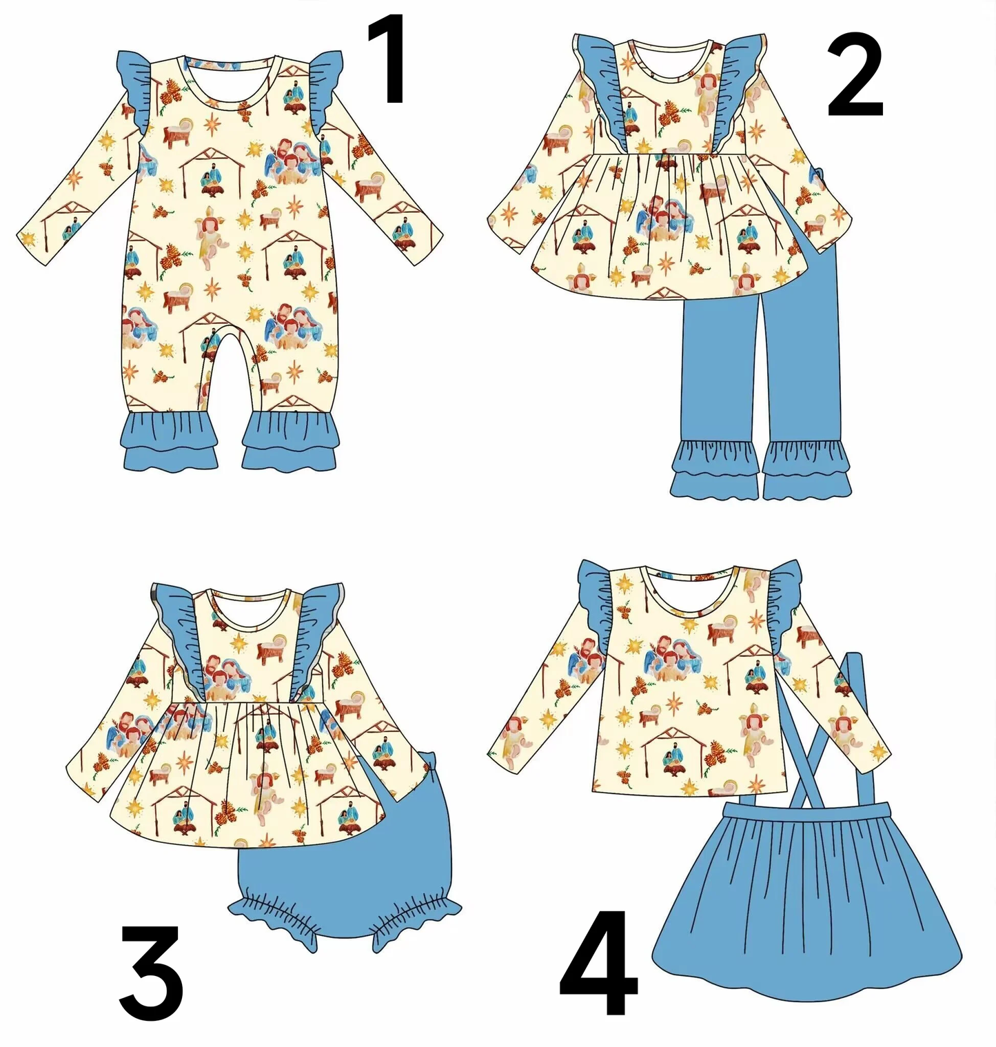 Custom moq 3 mix size eta 6-8 weeks Family photo pattern - blue flying sleeve shoulder design light yellow mixed suit