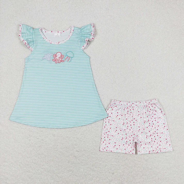 RTS Baby Girls Blue Stripes Octopus Sibling Sister Clothes Sets