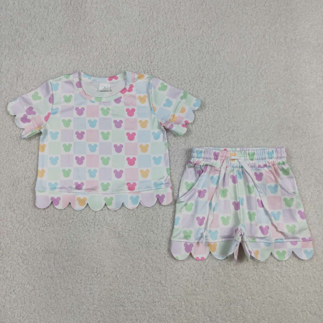 RTS NO MOQ GSSO3496 Cute Clothes Baby Girls Checked Top And Short Scallop Outfit Set Cute Animal Print Clothing