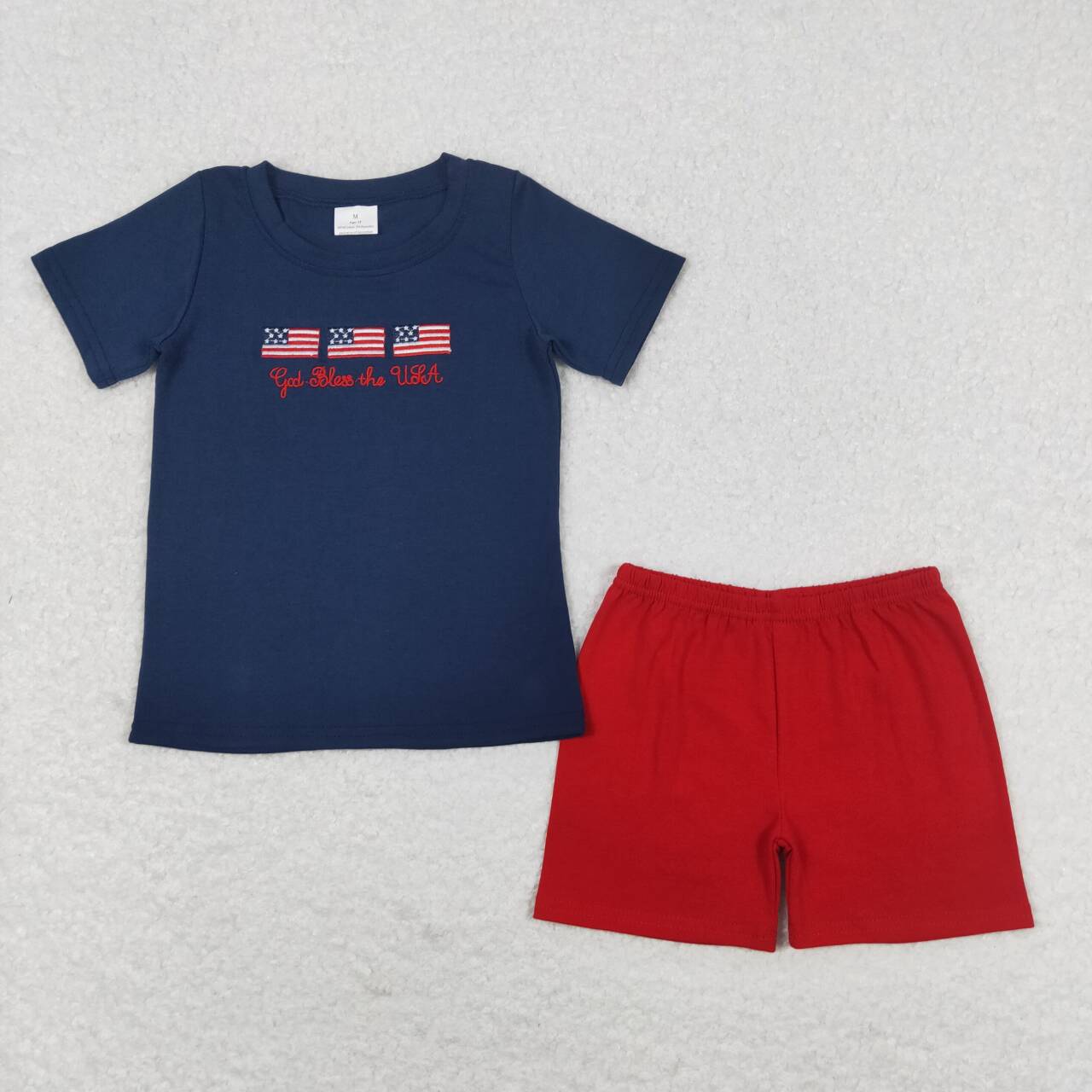RTS NO MOQ（In Stock) god bless embroidered national flag navy blue short sleeve red shorts suit
