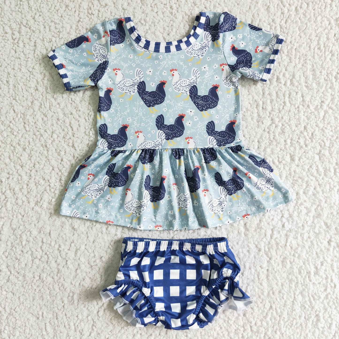 GBO0049 Baby Girls Chicken Blue plaid Bummie Sets