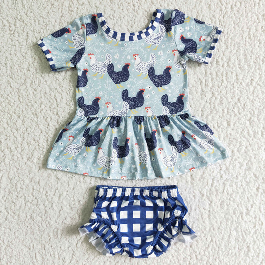 GBO0049 Baby Girls Chicken Blue plaid Bummie Sets