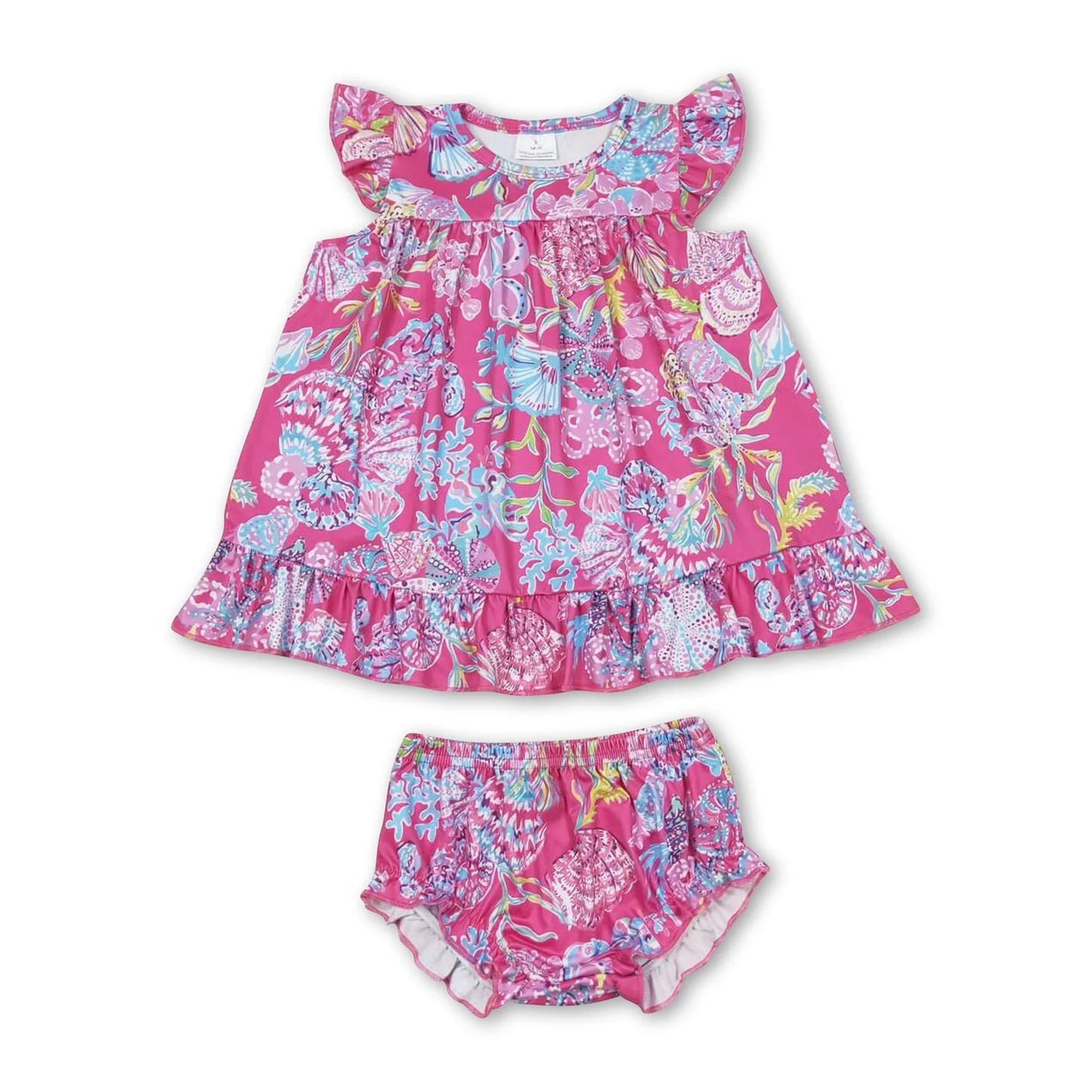 RTS NO MOQ Sibling milk silk Baby Girl Boys Blue Shell Print Short Sleeve Top Shorts Set Dress Rompers