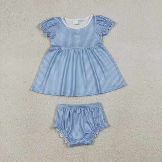RTS NO MOQ GBO0486 Baby Girls Blue Stripe Tunic Bummies Clothes Sets with Embroidery Bows for Infants