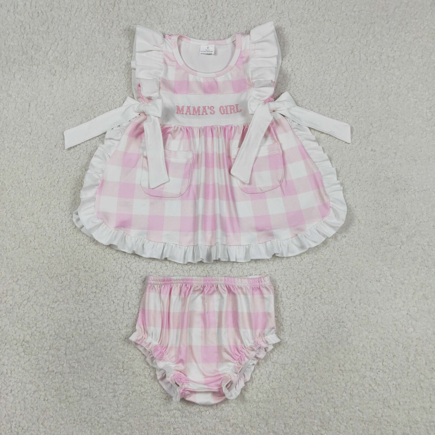 RTS NO MOQ GBO0495 milk silk Baby Girls Mama's Girl Embroidery Pink Checked Tunic Bummies Set
