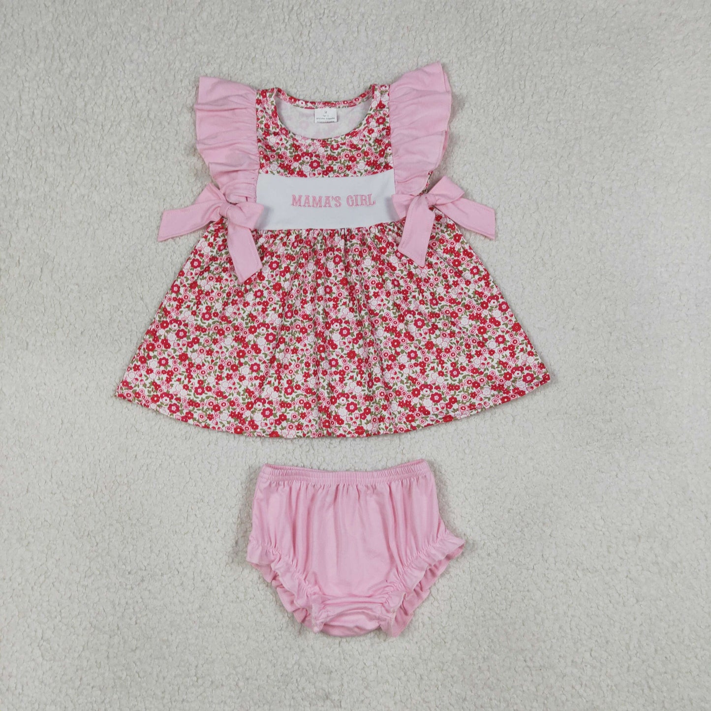 RTS NO MOQ Sibling Baby Girls Embroidery Mama's Girls Flowers Tunic with Pockets Ruffle Shorts Set