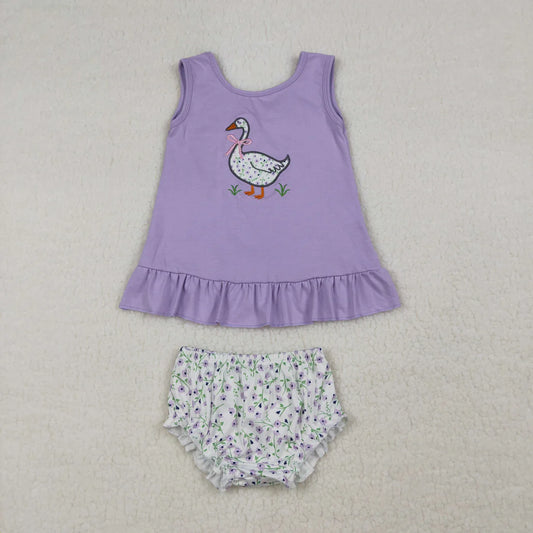Best Sell RTS Embroidery Floral Goose Baby Girls Tunic Bummies Outfit Set with Back Bows Cute Clothing Set for Little Girls