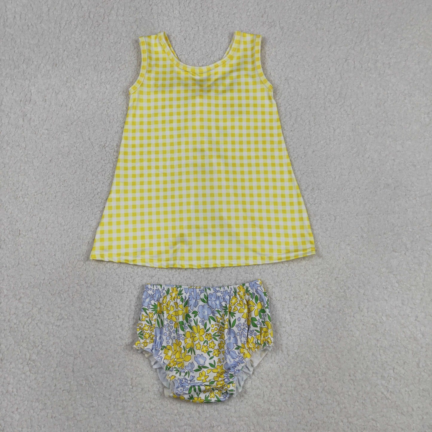 RTS NO MOQ GBO0504 Baby Girls Yellow Checked Flowers Tunic with Back Bow And Bummies Outfit Set