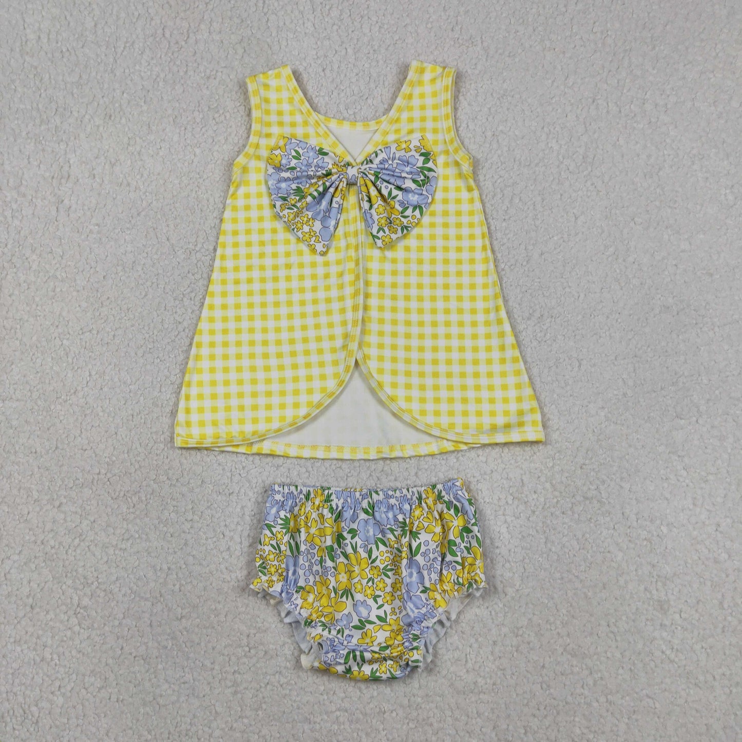 RTS NO MOQ GBO0504 Baby Girls Yellow Checked Flowers Tunic with Back Bow And Bummies Outfit Set