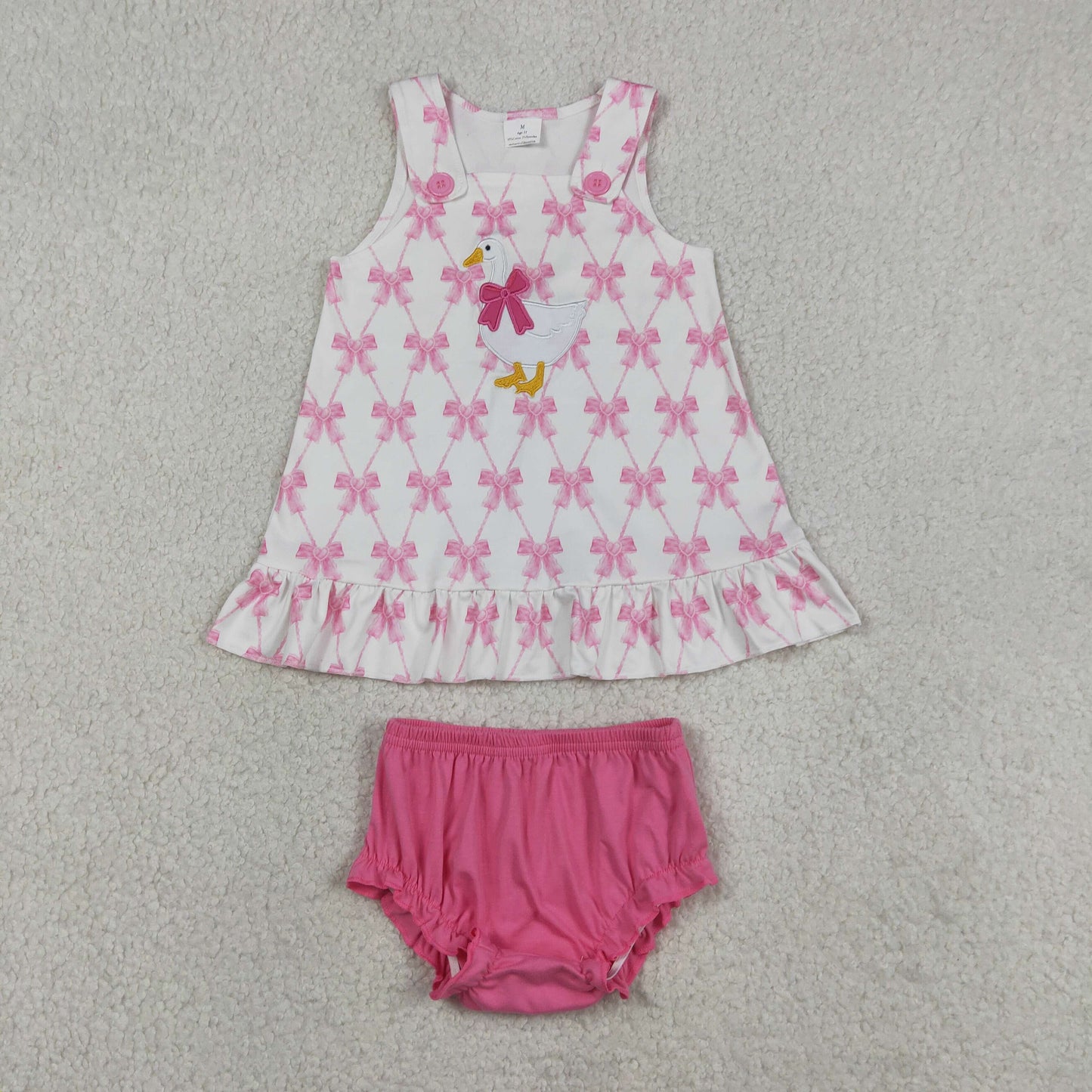 RTS NO MOQ GBO0505 Baby Girls Summer Embroidery Goose Pink Bow Plaid Tunic Bummies Clothes Set