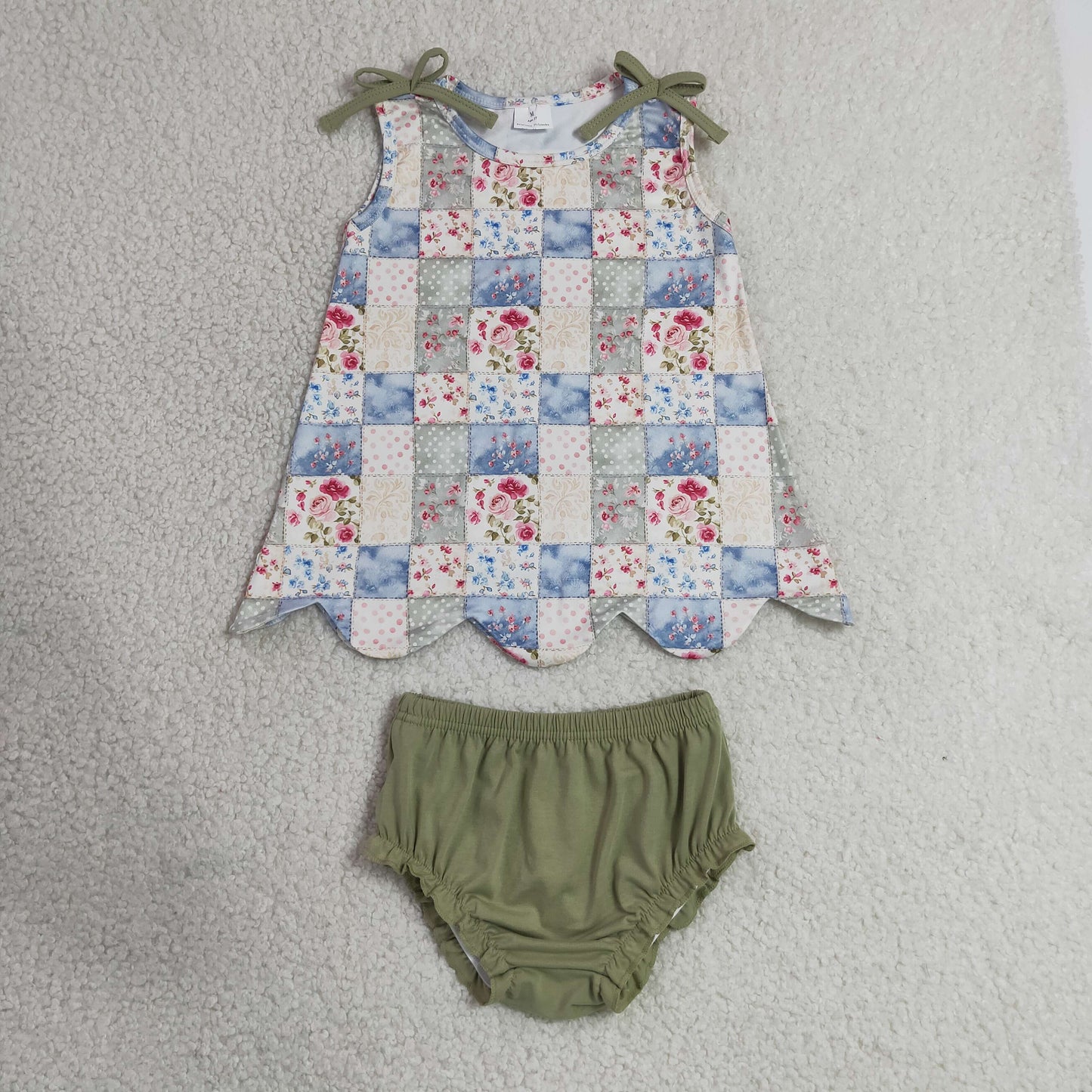 RTS NO MOQ milk silk GBO0511  Baby Girls Floral Check Print Sleeveless Tunic Top Bummies Casual Clothes Sets