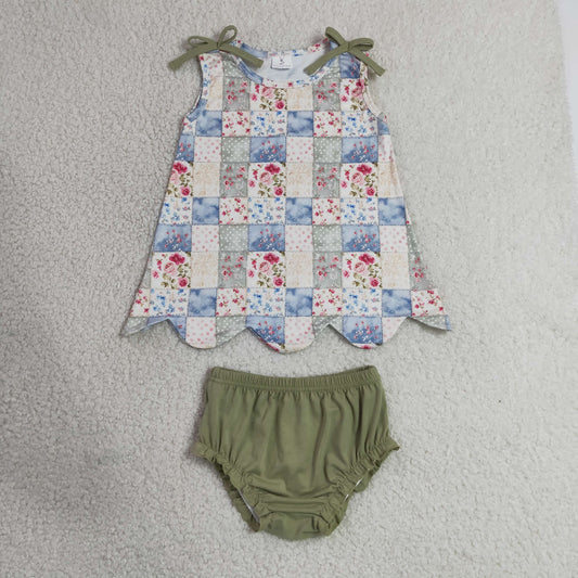 RTS NO MOQ milk silk GBO0511  Baby Girls Floral Check Print Sleeveless Tunic Top Bummies Casual Clothes Sets